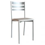 Silla de Cocina Aluminio Poli piel Blanca (2 Unidades) Silla de cocina Blanca fabricada en acero inoxidable pintada en aluminio y tapizada en poli piel blanca. Esta acabada en aluminio plata y Tapizada en poli piel de fácil limpieza. Posibilidad muchos colores de tapizado.