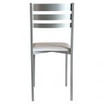 Silla de Cocina Aluminio Poli piel Blanca (2 Unidades) Silla de cocina Blanca fabricada en acero inoxidable pintada en aluminio y tapizada en poli piel blanca. Esta acabada en aluminio plata y Tapizada en poli piel de fácil limpieza. Posibilidad muchos colores de tapizado.