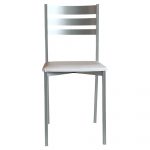 Silla de Cocina Aluminio Poli piel Blanca (2 Unidades) Silla de cocina Blanca fabricada en acero inoxidable pintada en aluminio y tapizada en poli piel blanca. Esta acabada en aluminio plata y Tapizada en poli piel de fácil limpieza. Posibilidad muchos colores de tapizado.