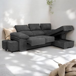 Sofá Cheslongue con Arcón IRIS Con Arcón, Reclinable, Extraíble, Reversible y Pufs. Es un Sofá Cheslongue con Arcón, reclinable, extraíble y reversible. Con 2 Pufs en uno de sus brazos. Tiene unas dimensiones de 260 x 93/167  x 95 cm de alto. Práctico, resistente y útil, asientos y respaldos desenfundables con cremallera para su fácil lavado y mantenimiento. Disponible en 2 tapizados, Gris Oscuro y Marrón Claro. Cuenta con un práctico arcón donde guardar cualquier cosa y unos cojines con cremallera. El Sofá cuenta con una cheslongue con arcón que es reversible, pudiendo ponerla tanto a la izquierda como a la derecha.